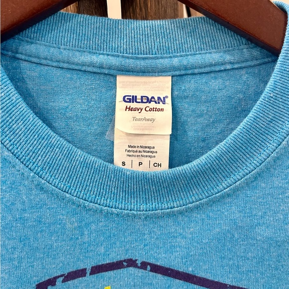 Blue Graphic Gildan T-Shirt with Yellow and Purple Print - Picture 4 of 5